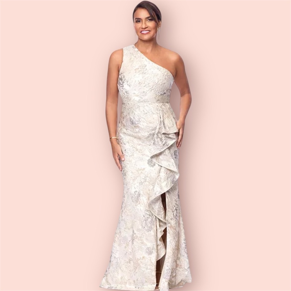 XSCAPE • Metallic Jacquard One-Shoulder Gown